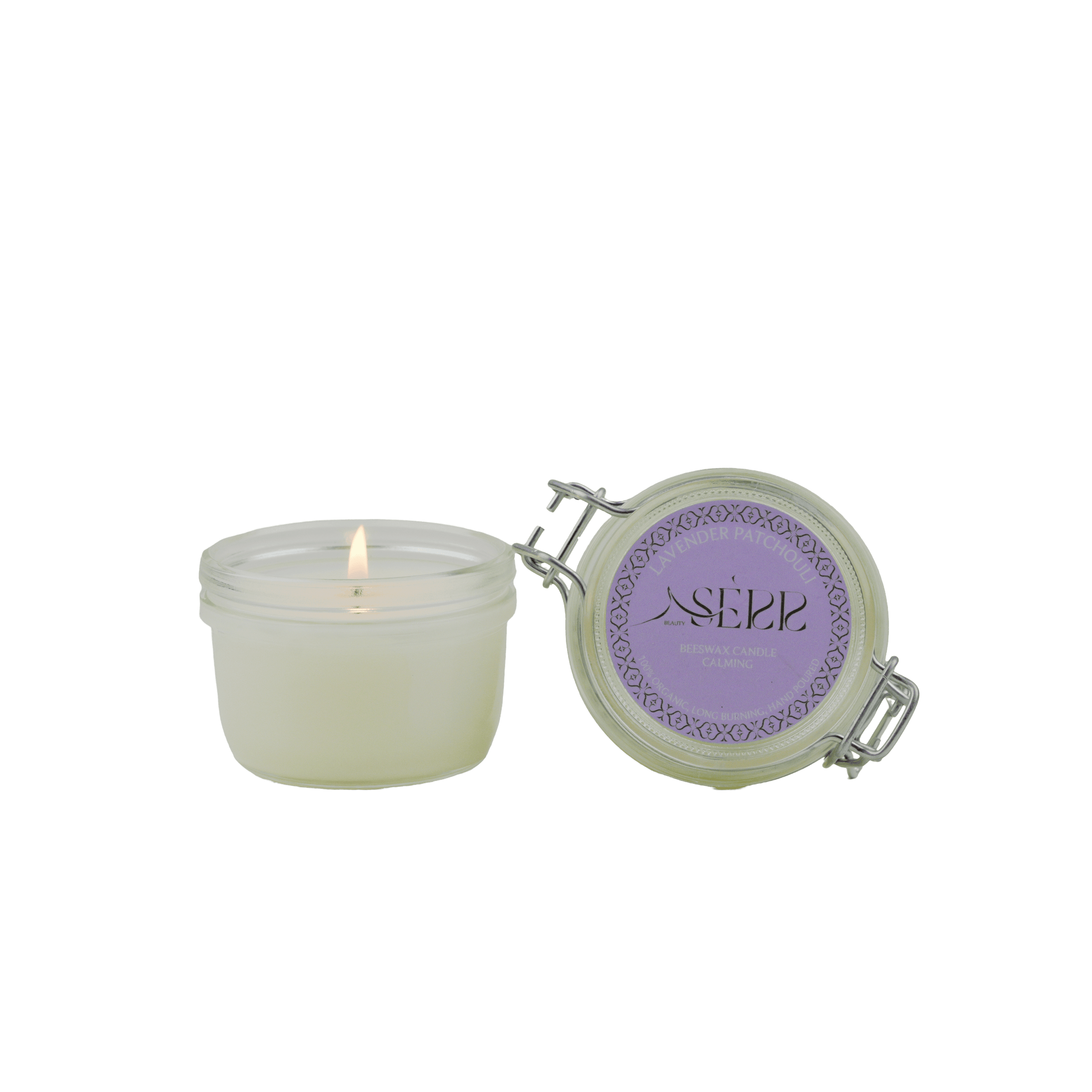 SerrBeauty Lavender & Patchouli Beeswax Scented Candle in a glass jar with a secure lid. Handcrafted organic candle infused with essential oils for a calming ambiance.