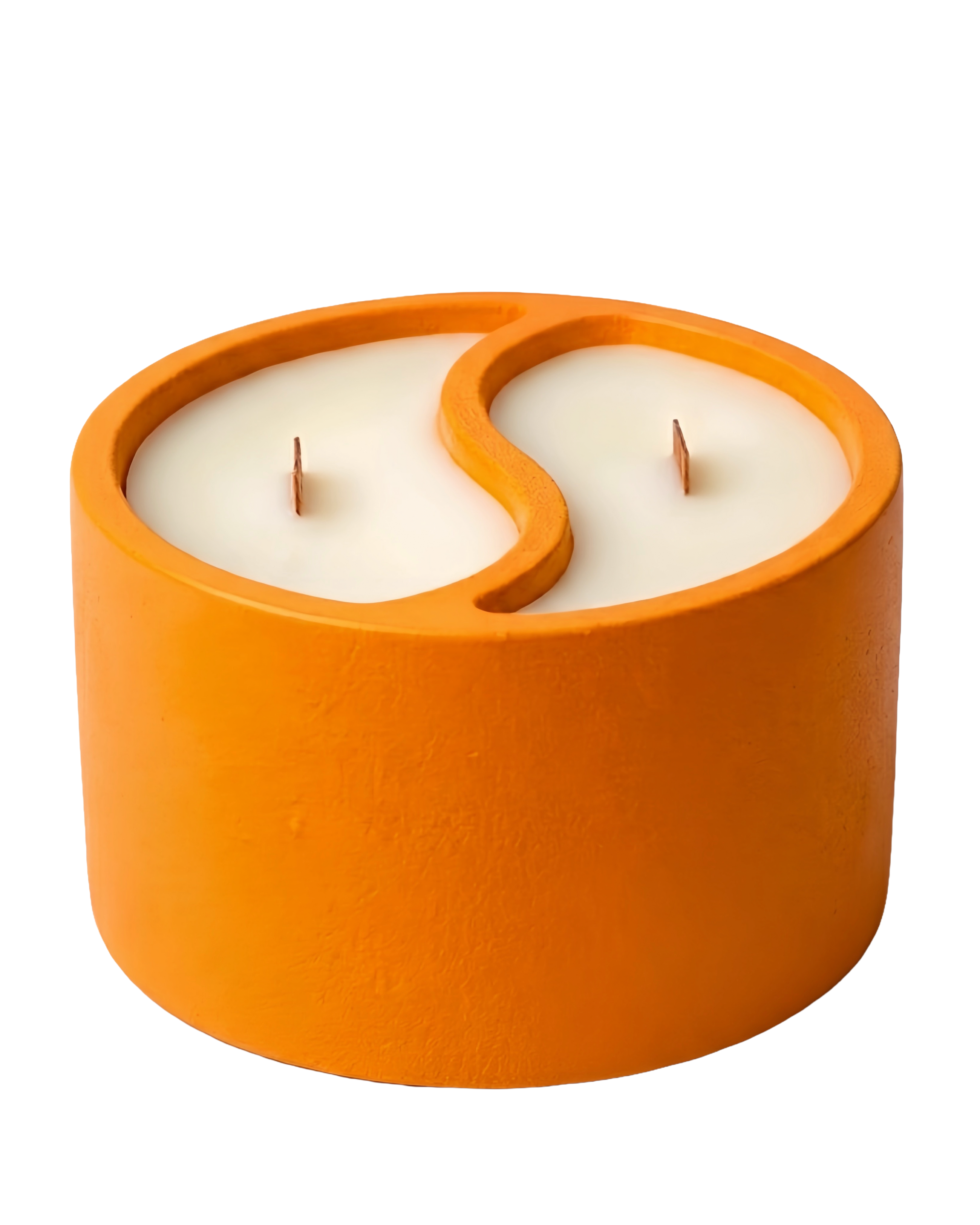 Orange concrete vessel with dual-scent candles and wood wicks