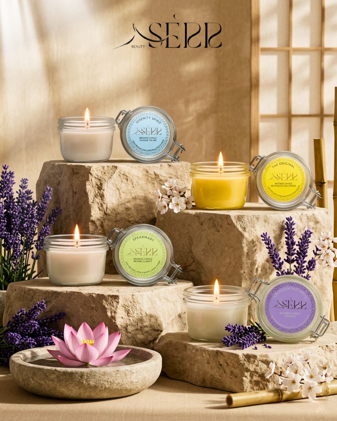 Natural beeswax candles collection by SerrBeauty with scented and unscented handmade candles in elegant glass jars