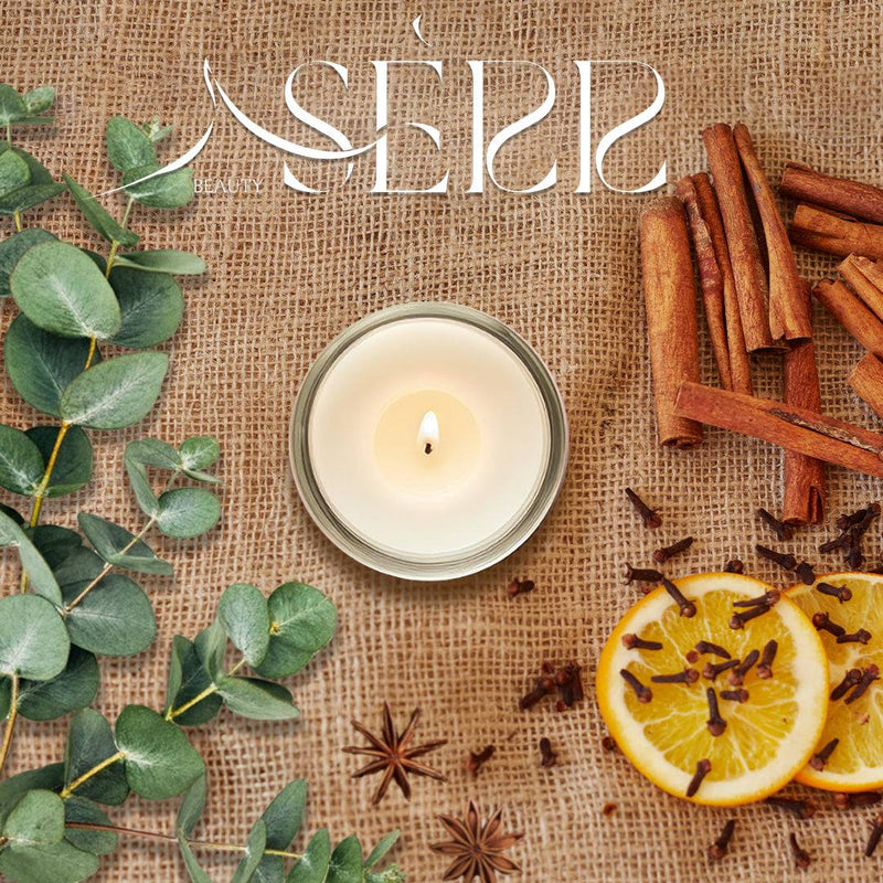 SerrBeauty organic beeswax candle infused with eucalyptus, cinnamon, clove, and lemon essential oils. Handcrafted for a refreshing and warm aroma.
