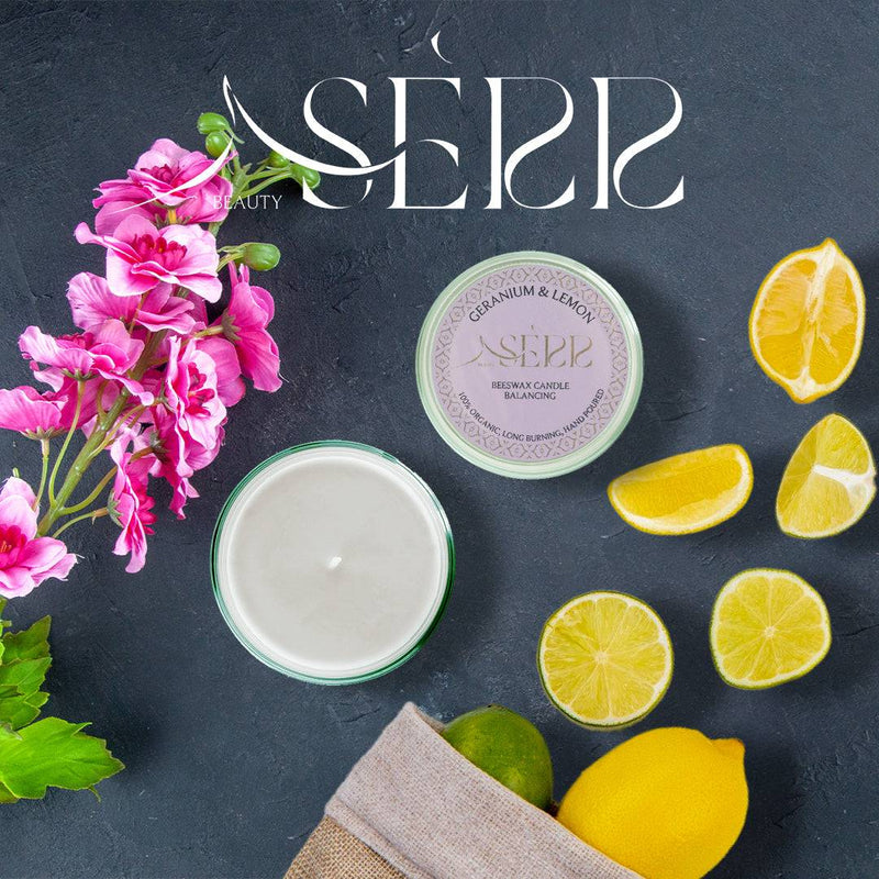 SerrBeauty Geranium & Lemon Beeswax Scented Candle 125 G, handcrafted with organic beeswax and infused with essential oils. Features a floral and citrus aroma for relaxation and energy.