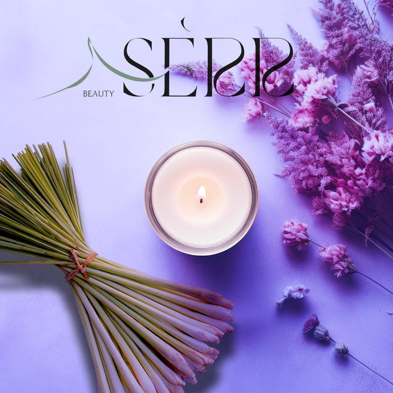 SerrBeauty Lavender & Lemongrass Beeswax Scented Candle 125 G, handcrafted from organic beeswax. Infused with calming lavender and refreshing lemongrass for a soothing home ambiance.