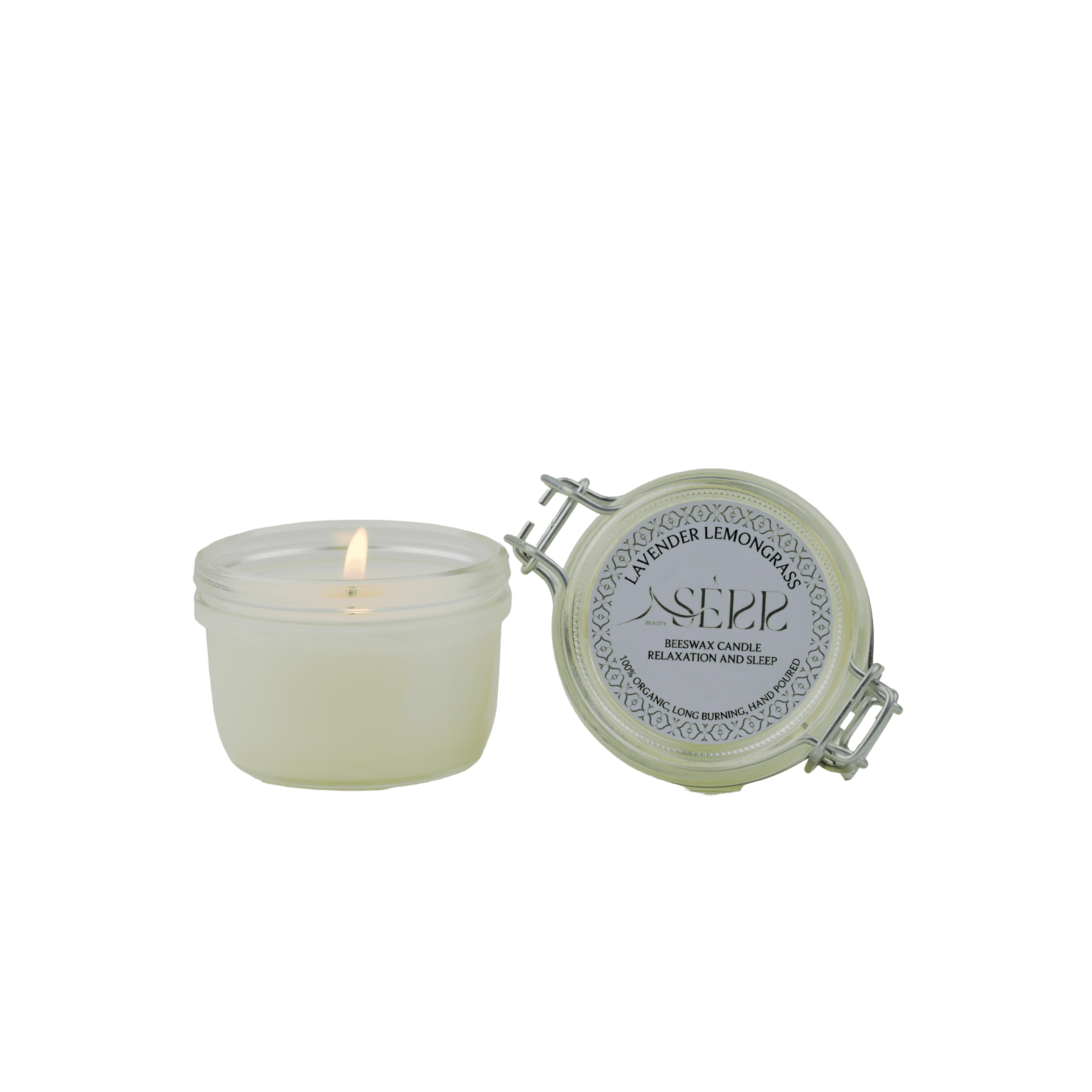 SerrBeauty Lavender & Lemongrass Beeswax Scented Candle 125 G in a glass jar with a secure lid. Handcrafted from organic beeswax, this candle offers a calming lavender and invigorating lemongrass aroma for relaxation and energy.
