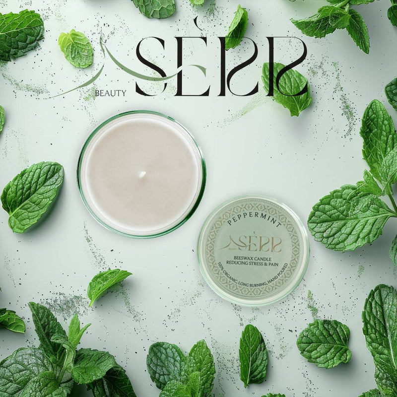 SerrBeauty Peppermint Beeswax Scented Candle 125 G, made from organic beeswax and infused with pure peppermint essential oil. Perfect for relaxation and mental clarity.