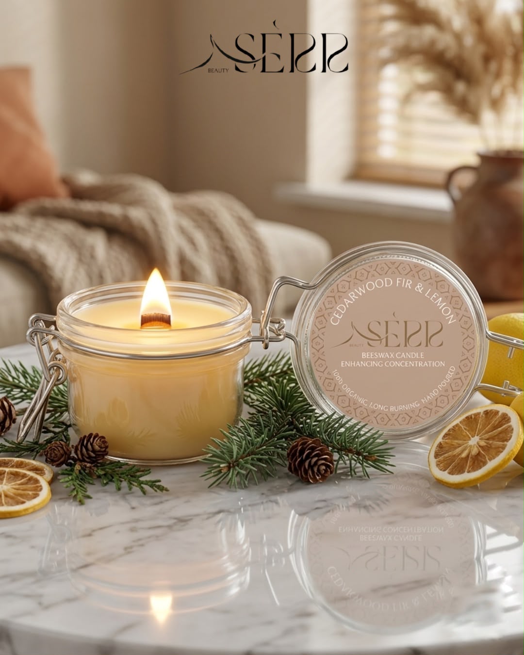 SerrBeauty cedarwood, fir and lemon beeswax candle 125g burning in a glass jar with natural woodsy styling