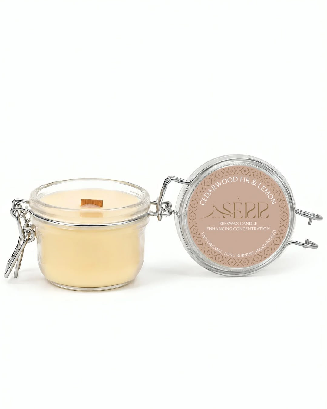 Cedarwood, Fir & Lemon beeswax candle 125g with open glass jar and front label