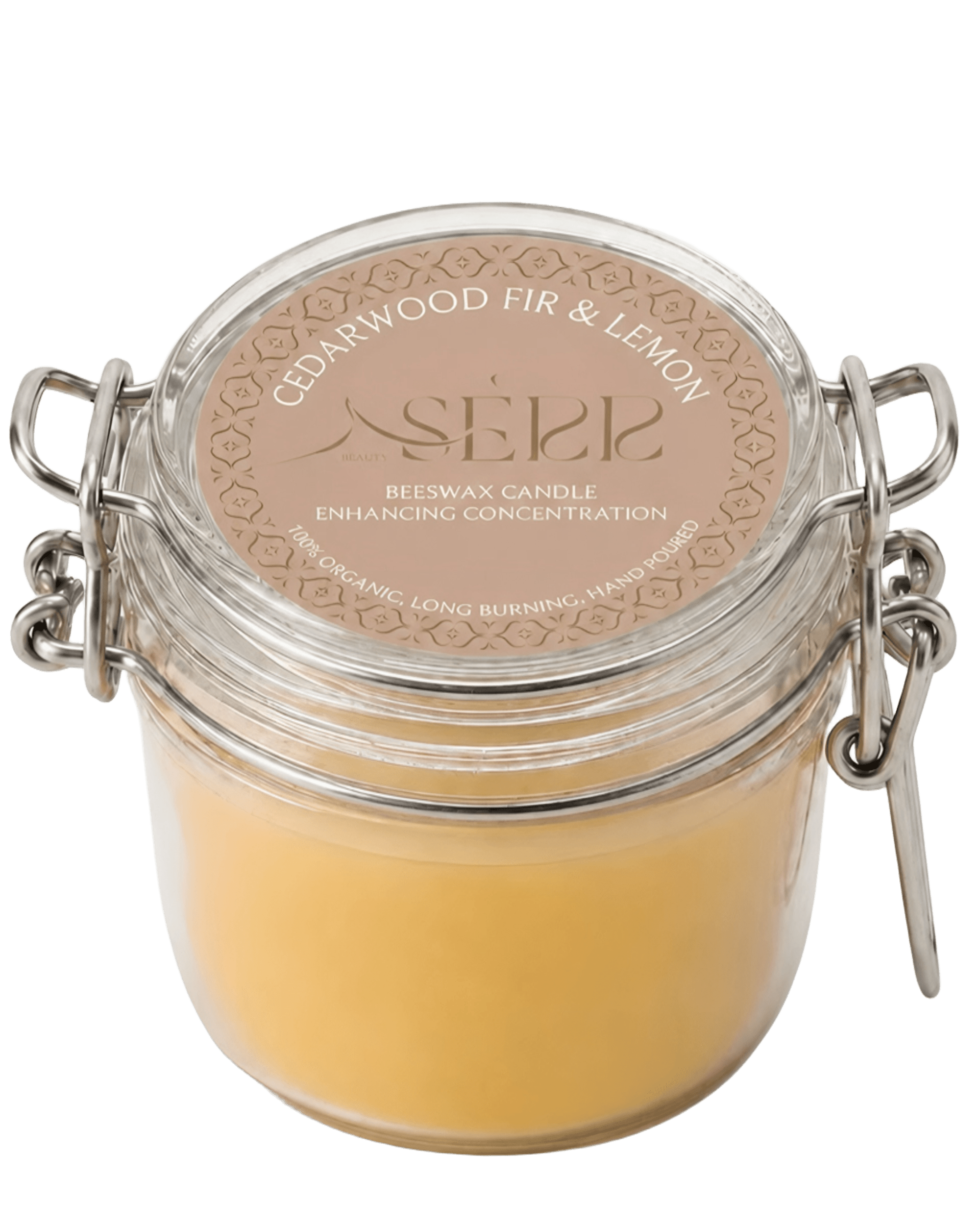 Cedarwood, Fir & Lemon beeswax candle 125g in labeled glass jar by SerrBeauty
