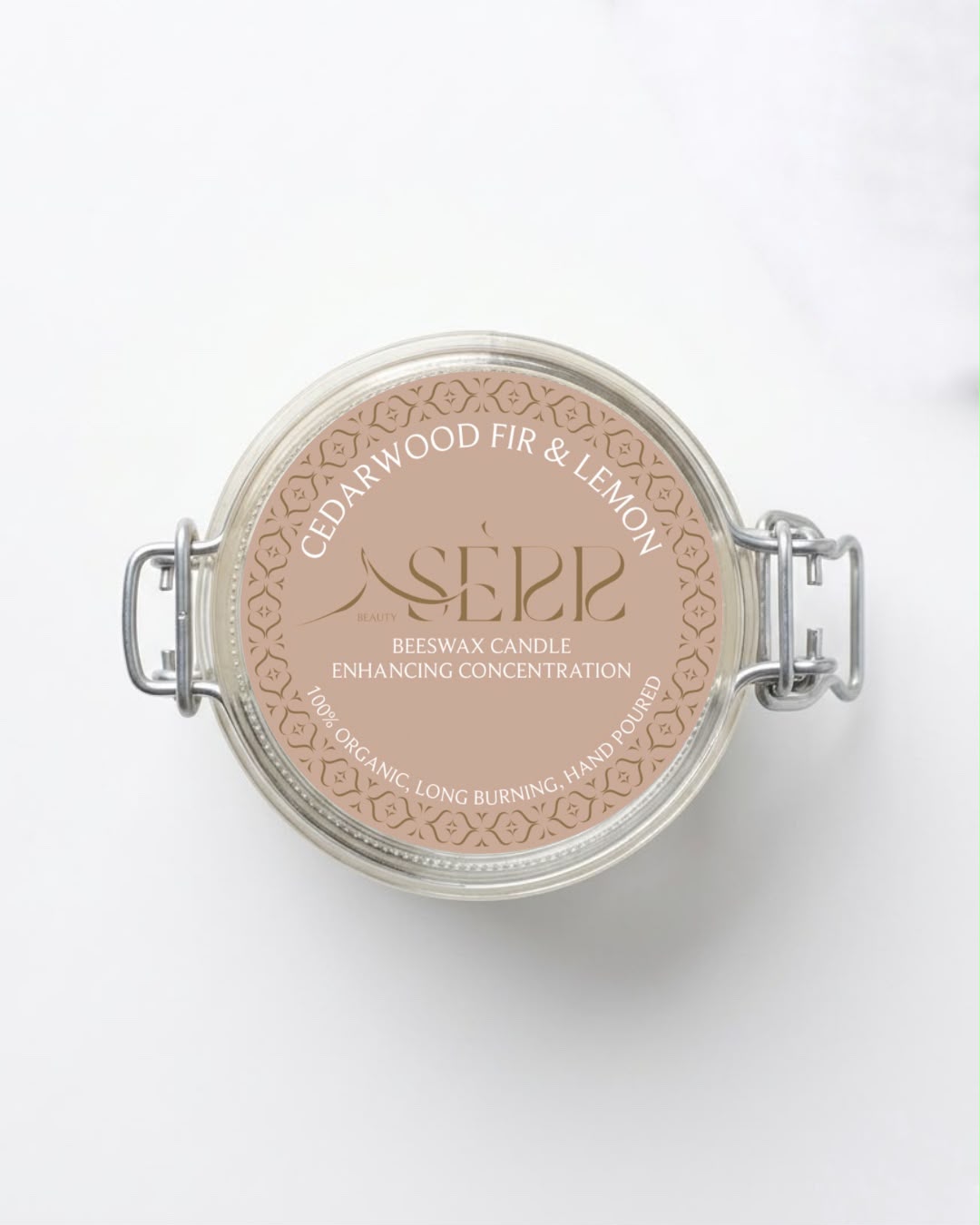 Cedarwood, Fir & Lemon beeswax candle 125g top label view by SerrBeauty