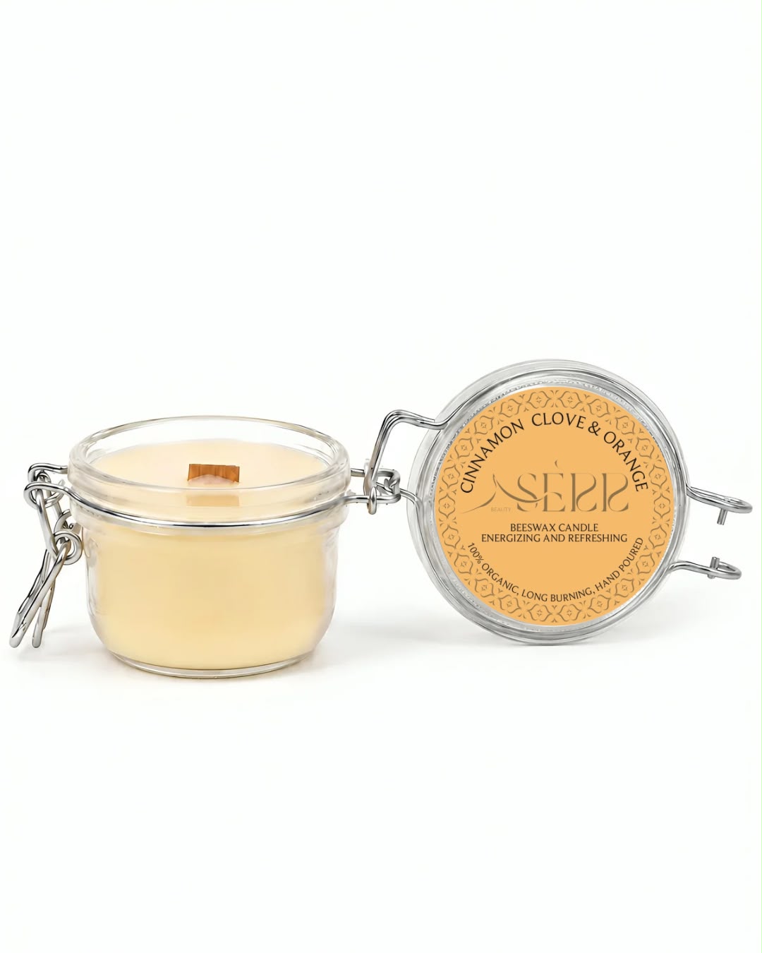 Cinnamon, Clove & Orange beeswax candle 125g with open glass jar and front label