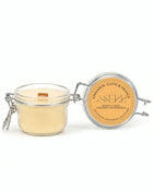 Cinnamon, Clove & Orange beeswax candle 125g with open glass jar and front label