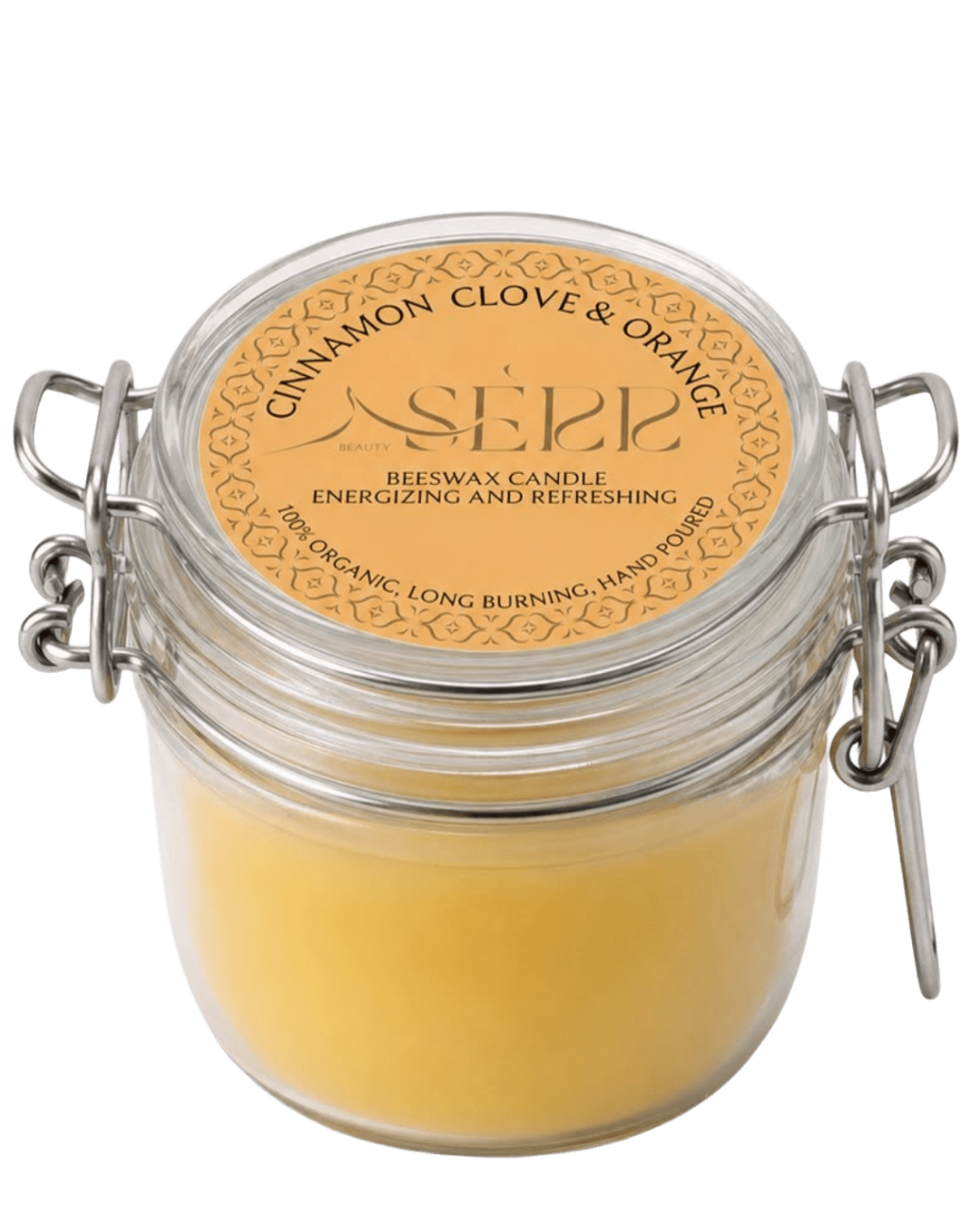 Cinnamon, Clove & Orange beeswax candle 125g in labeled glass jar by SerrBeauty