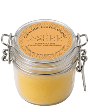 Cinnamon, Clove & Orange beeswax candle 125g in labeled glass jar by SerrBeauty