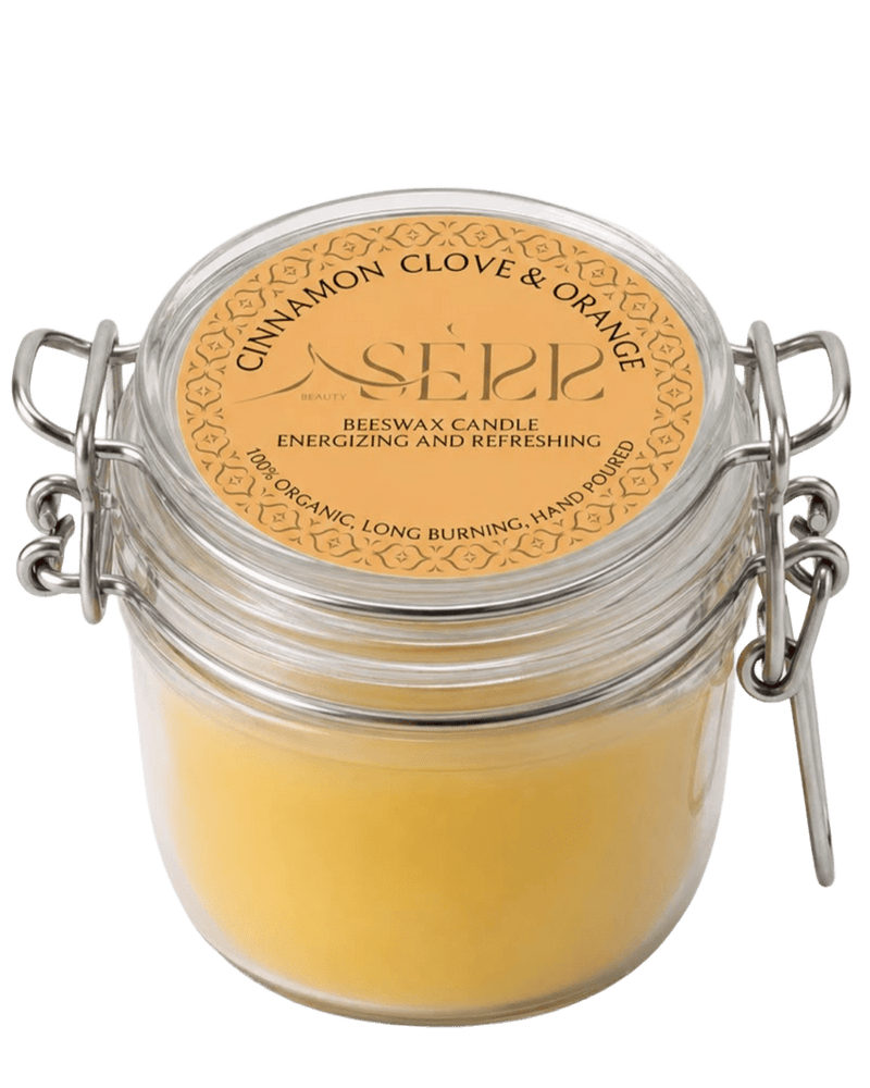 Cinnamon, Clove & Orange beeswax candle 125g in labeled glass jar by SerrBeauty