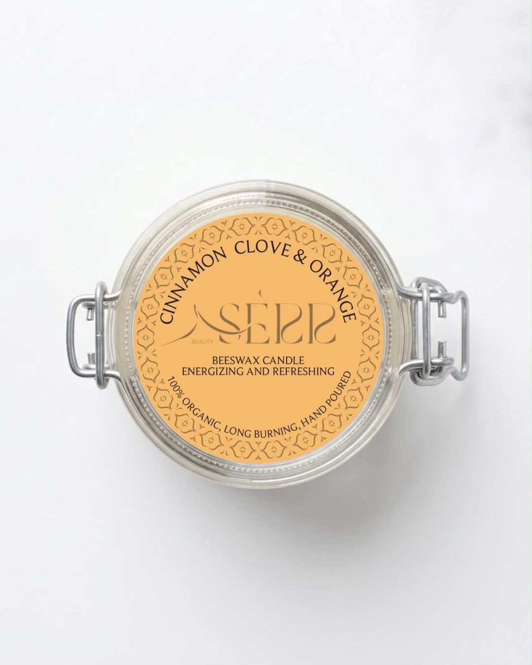 Cinnamon, Clove & Orange beeswax candle 125g top label view by SerrBeauty