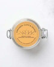 Cinnamon, Clove & Orange beeswax candle 125g top label view by SerrBeauty