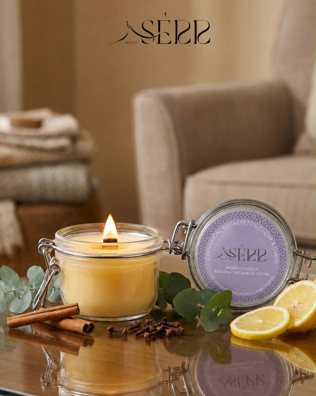 SerrBeauty eucalyptus, cinnamon, clove and lemon beeswax candle 125g burning in a glass jar with natural styling