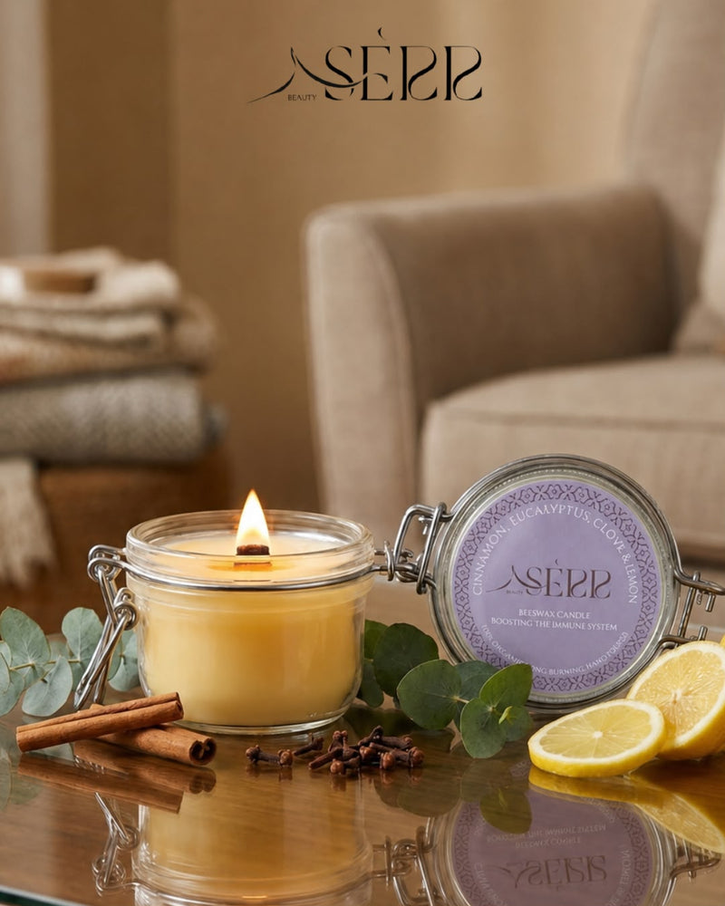 SerrBeauty eucalyptus, cinnamon, clove and lemon beeswax candle 125g burning in a glass jar with natural styling