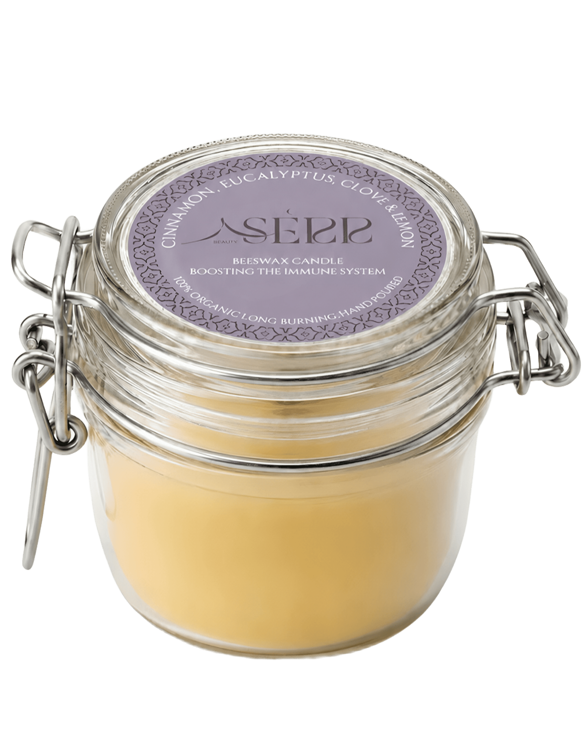 Eucalyptus, Cinnamon, Clove & Lemon beeswax candle 125g in labeled glass jar by SerrBeauty