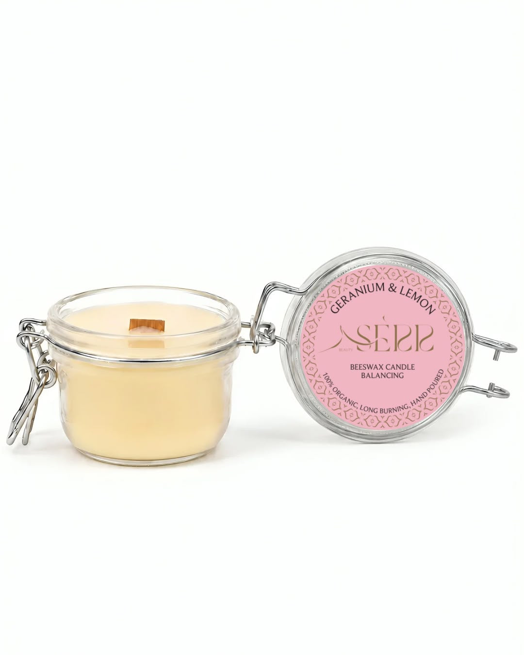 Geranium & Lemon beeswax candle 125g with open glass jar and front label