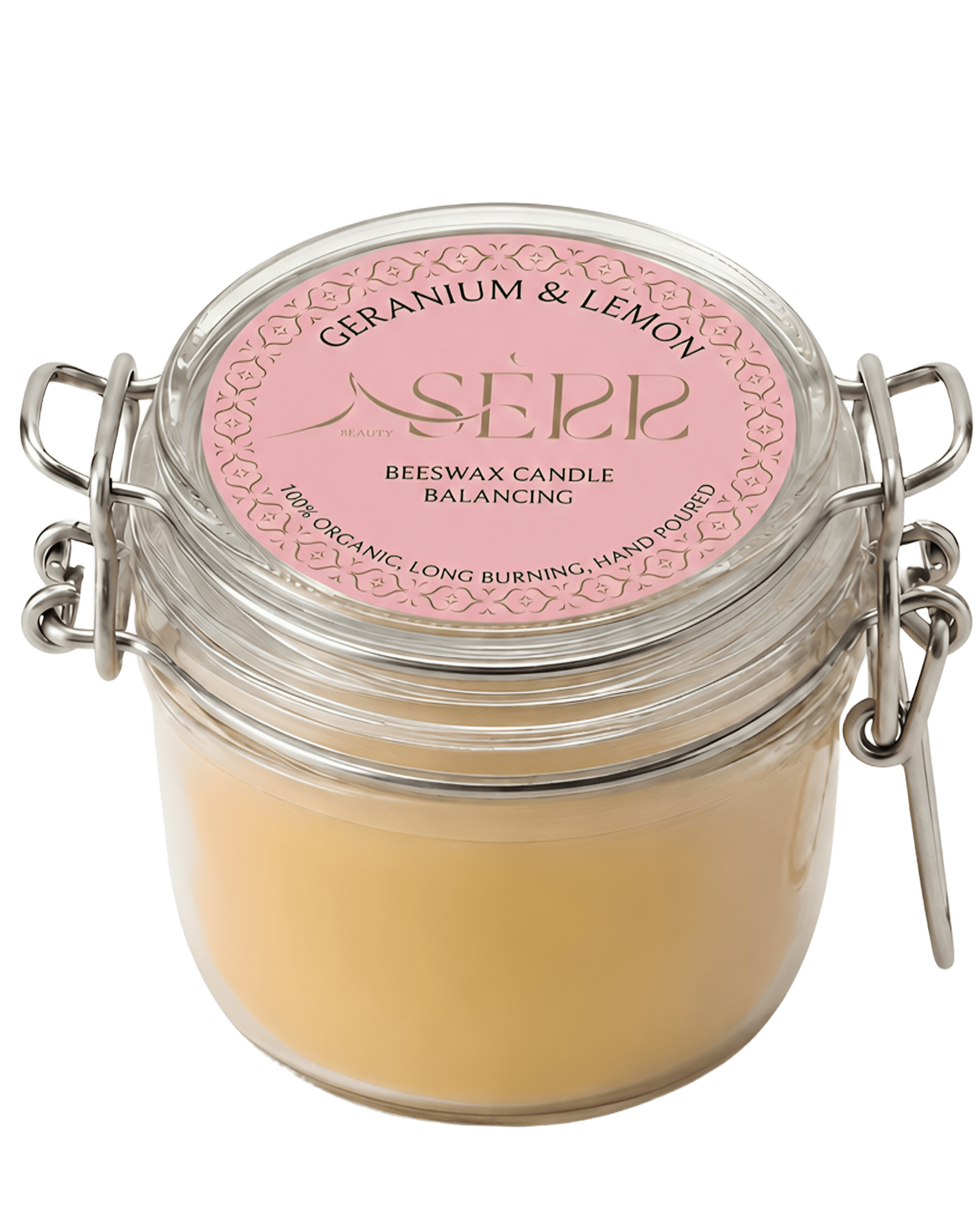 Geranium & Lemon beeswax candle 125g in labeled glass jar by SerrBeauty