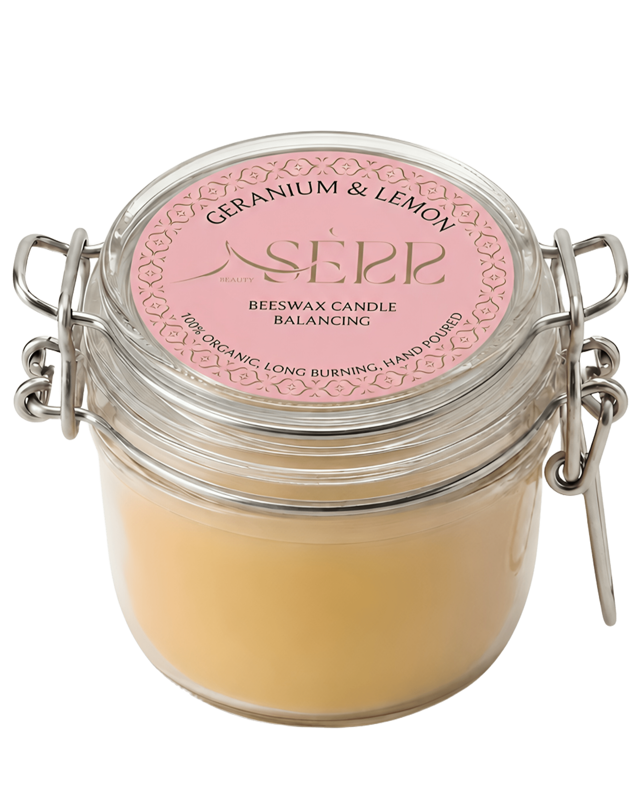 Geranium & Lemon beeswax candle 125g in labeled glass jar by SerrBeauty