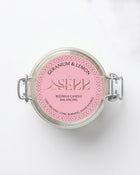Geranium & Lemon beeswax candle 125g top label view by SerrBeauty