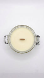 Top view of Geranium & Lemon beeswax candle 125g with wooden wick