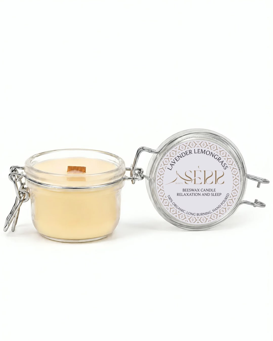 Lavender & Lemongrass beeswax candle 125g with open glass jar and front label