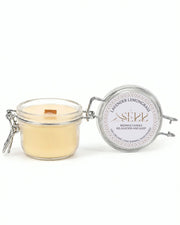 Lavender & Lemongrass beeswax candle 125g with open glass jar and front label