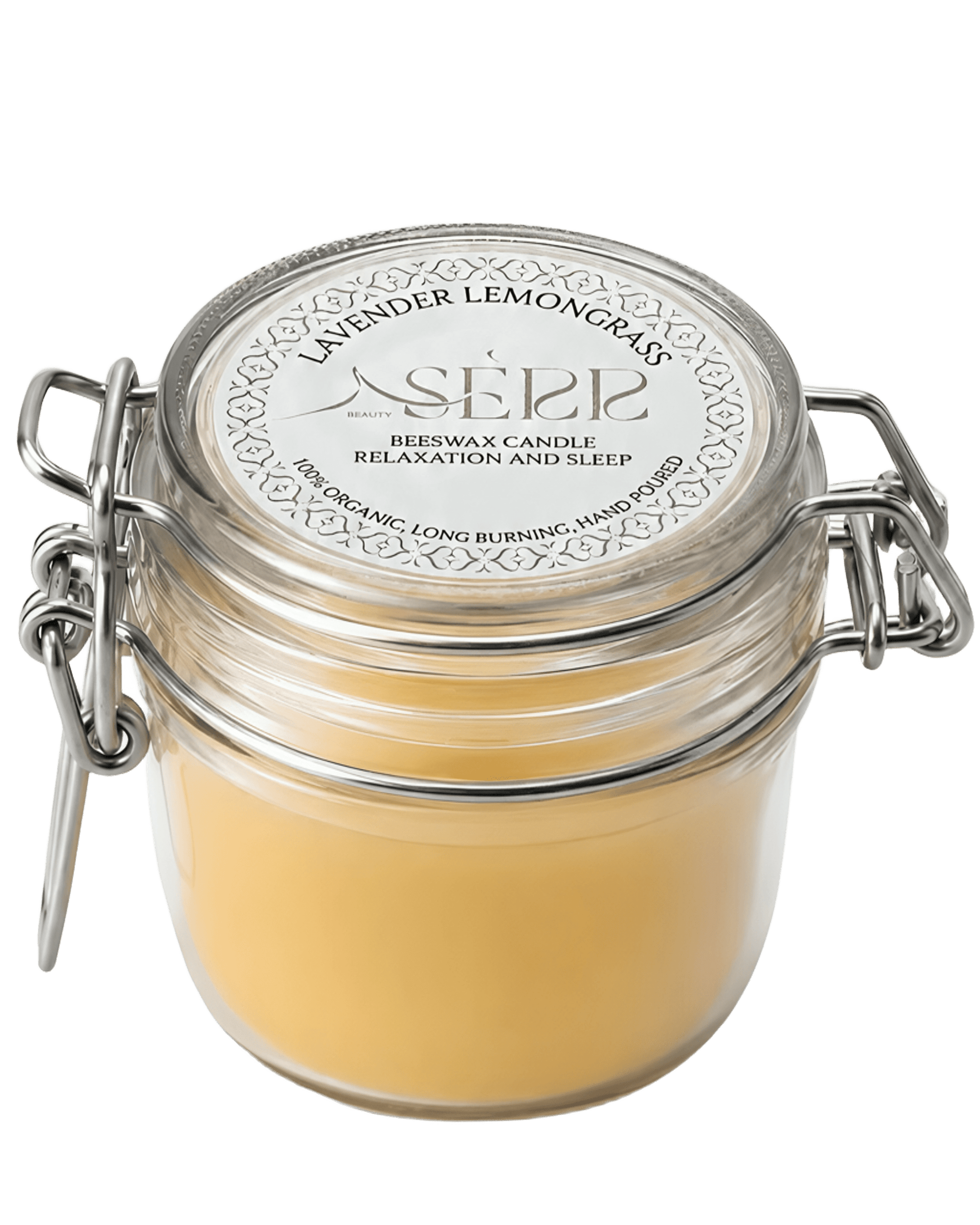 Lavender & Lemongrass beeswax candle 125g in labeled glass jar by SerrBeauty