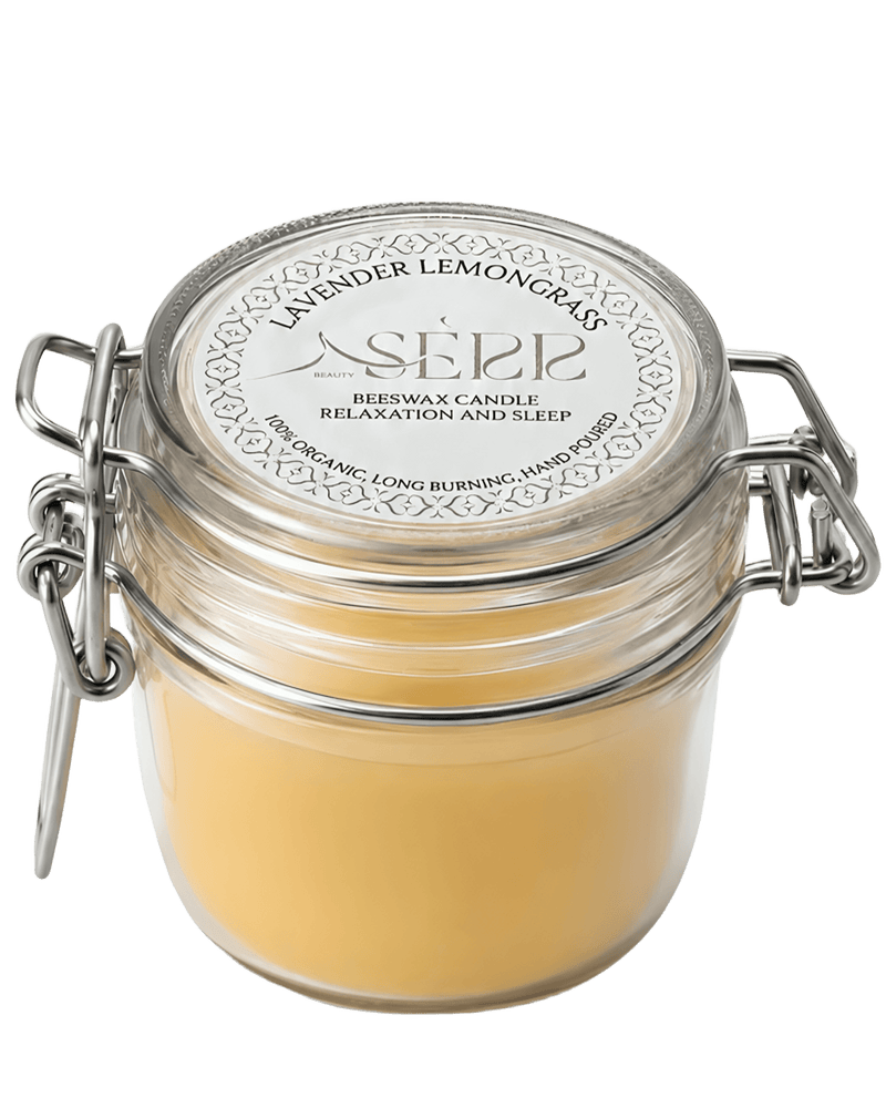 Lavender & Lemongrass beeswax candle 125g in labeled glass jar by SerrBeauty