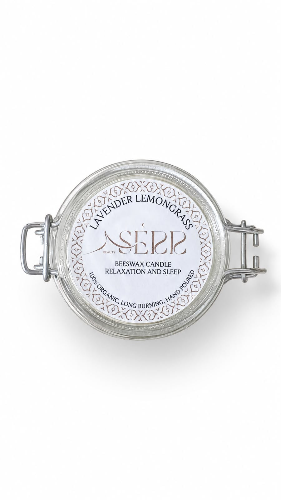 Lavender & Lemongrass beeswax candle 125g top label view by SerrBeauty