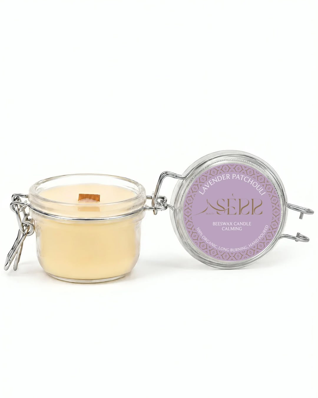Lavender & Patchouli beeswax candle 125g with open glass jar and front label
