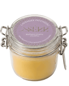 Lavender & Patchouli beeswax candle 125g in labeled glass jar by SerrBeauty