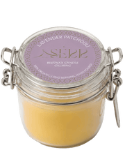 Lavender & Patchouli beeswax candle 125g in labeled glass jar by SerrBeauty