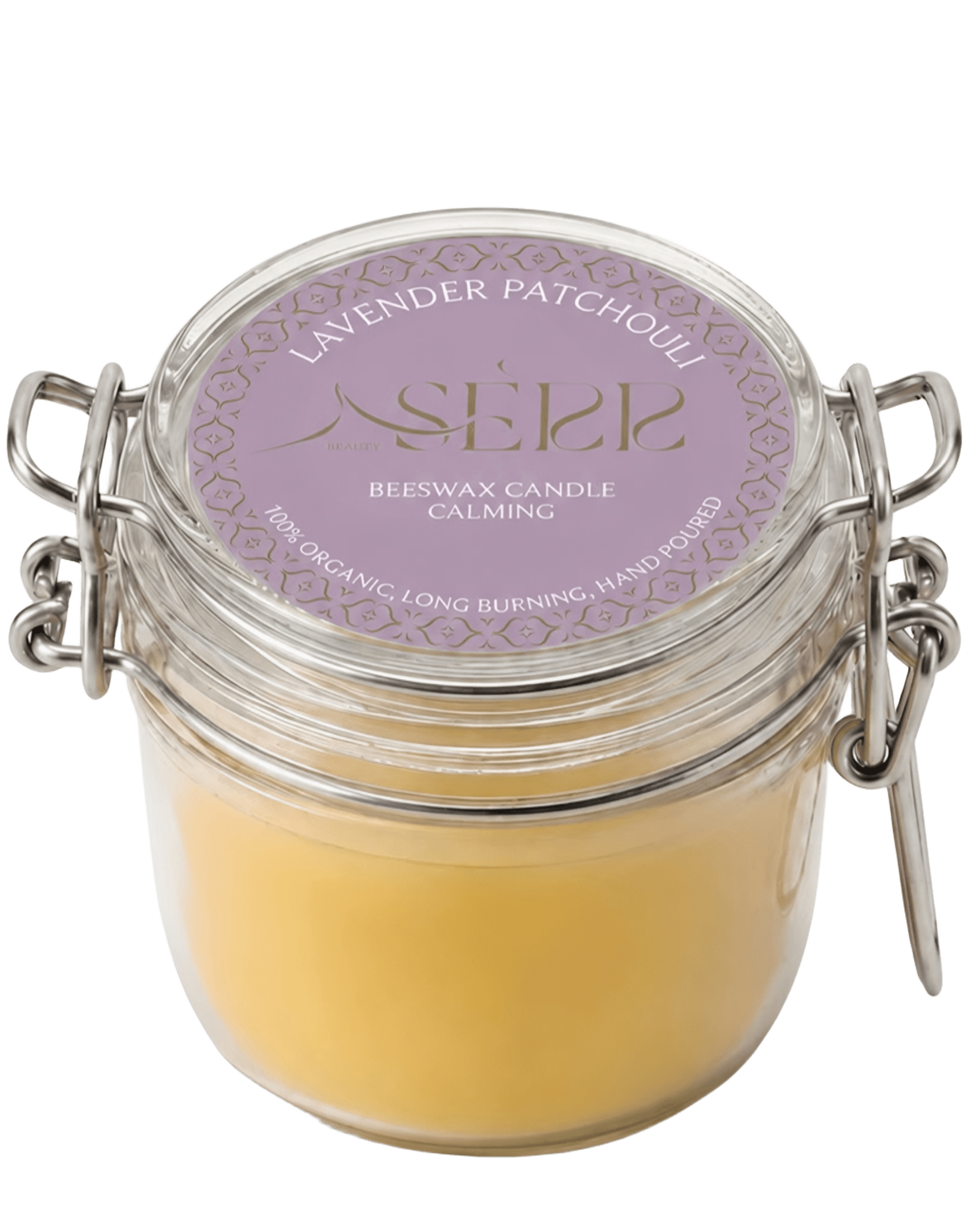 Lavender & Patchouli beeswax candle 125g in labeled glass jar by SerrBeauty