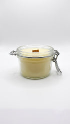 Lavender & Patchouli beeswax candle 125g side view in clear glass jar