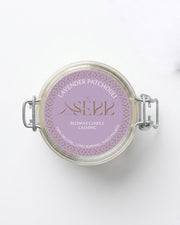Lavender & Patchouli beeswax candle 125g top label view by SerrBeauty
