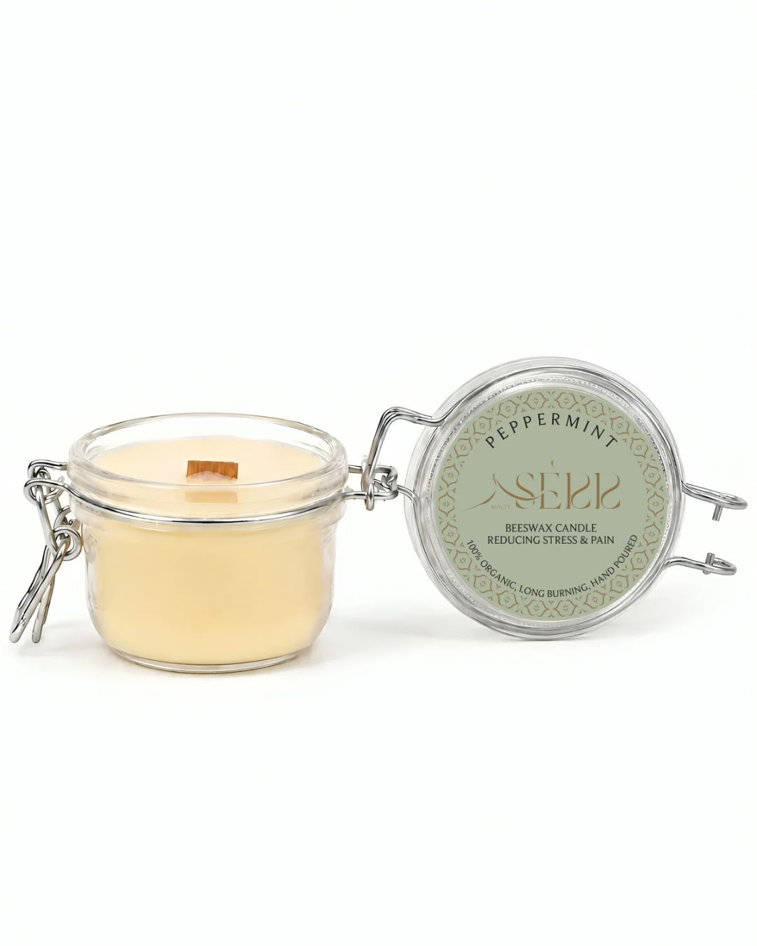 Peppermint beeswax candle 125g with open glass jar and front label