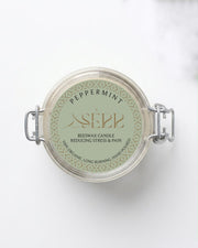 Peppermint beeswax candle 125g top label view by SerrBeauty