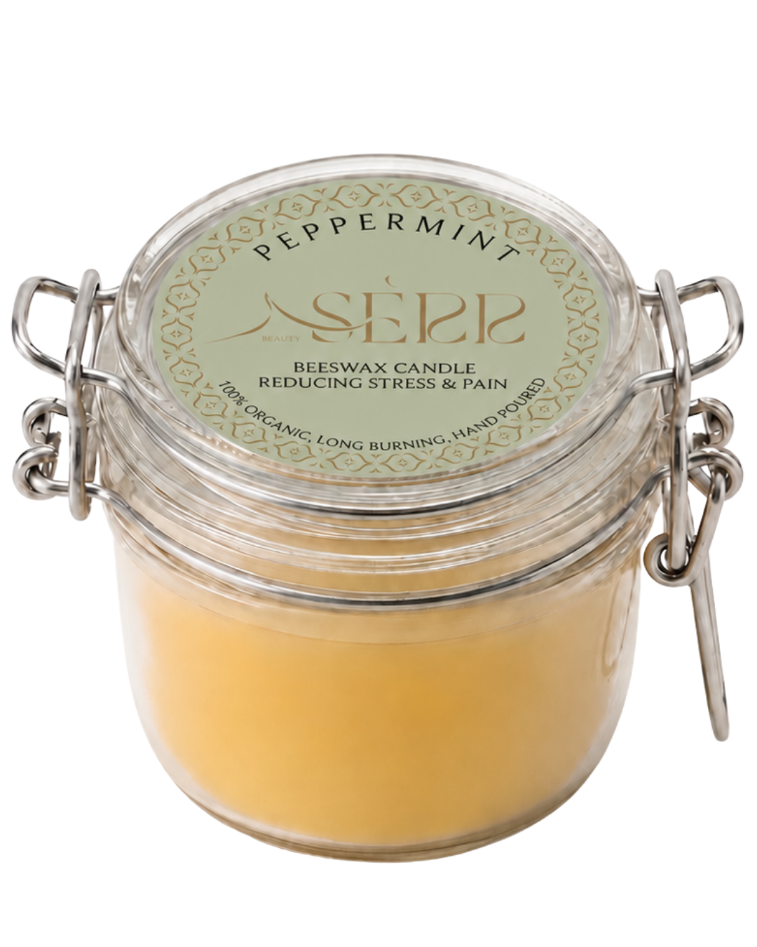 Peppermint beeswax candle 125g in labeled glass jar by SerrBeauty