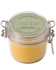 Peppermint beeswax candle 125g in labeled glass jar by SerrBeauty