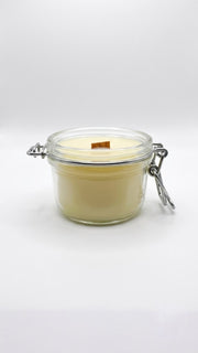 Peppermint beeswax candle 125g side view in clear glass jar
