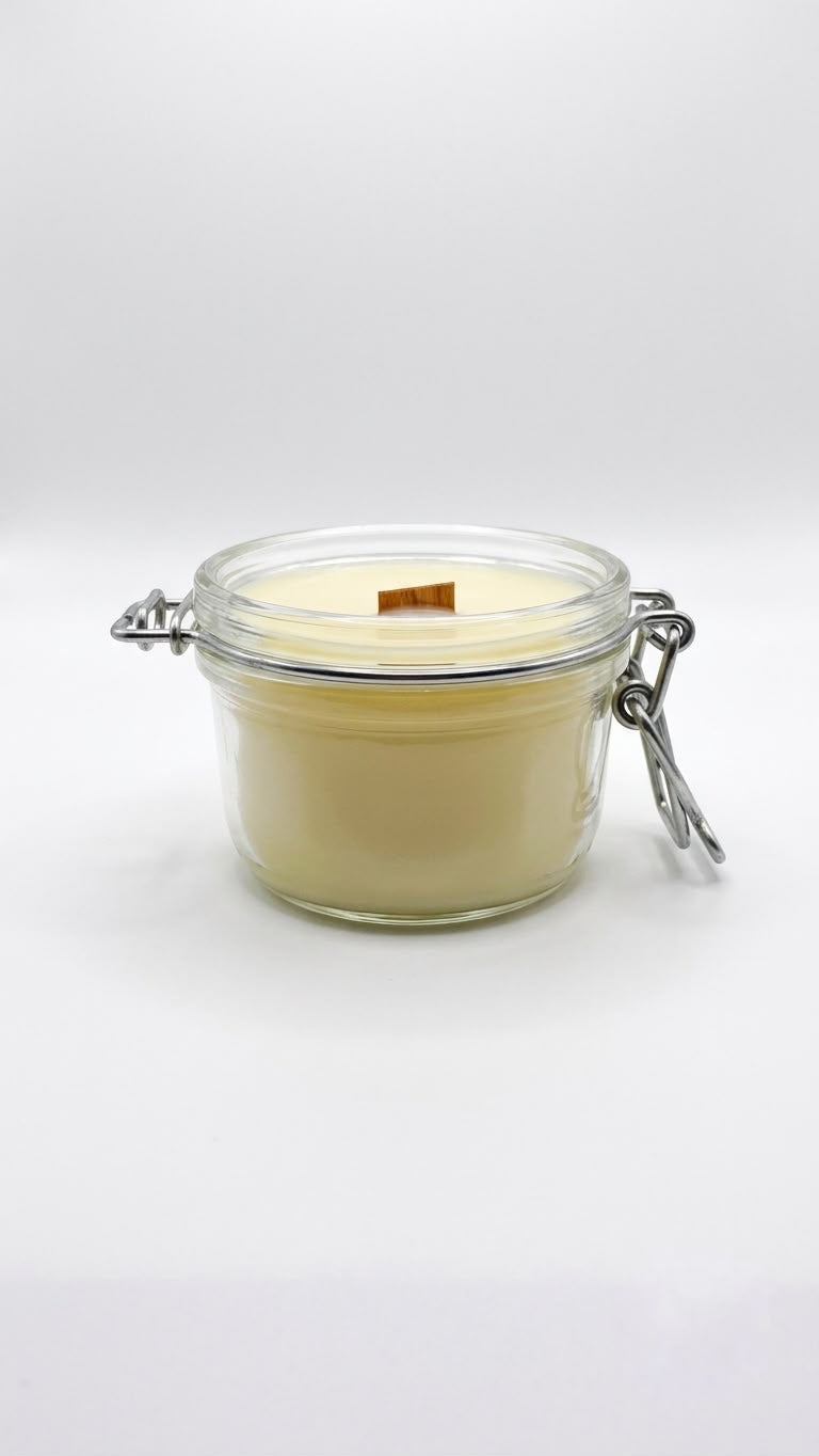 Peppermint beeswax candle 125g side view in clear glass jar