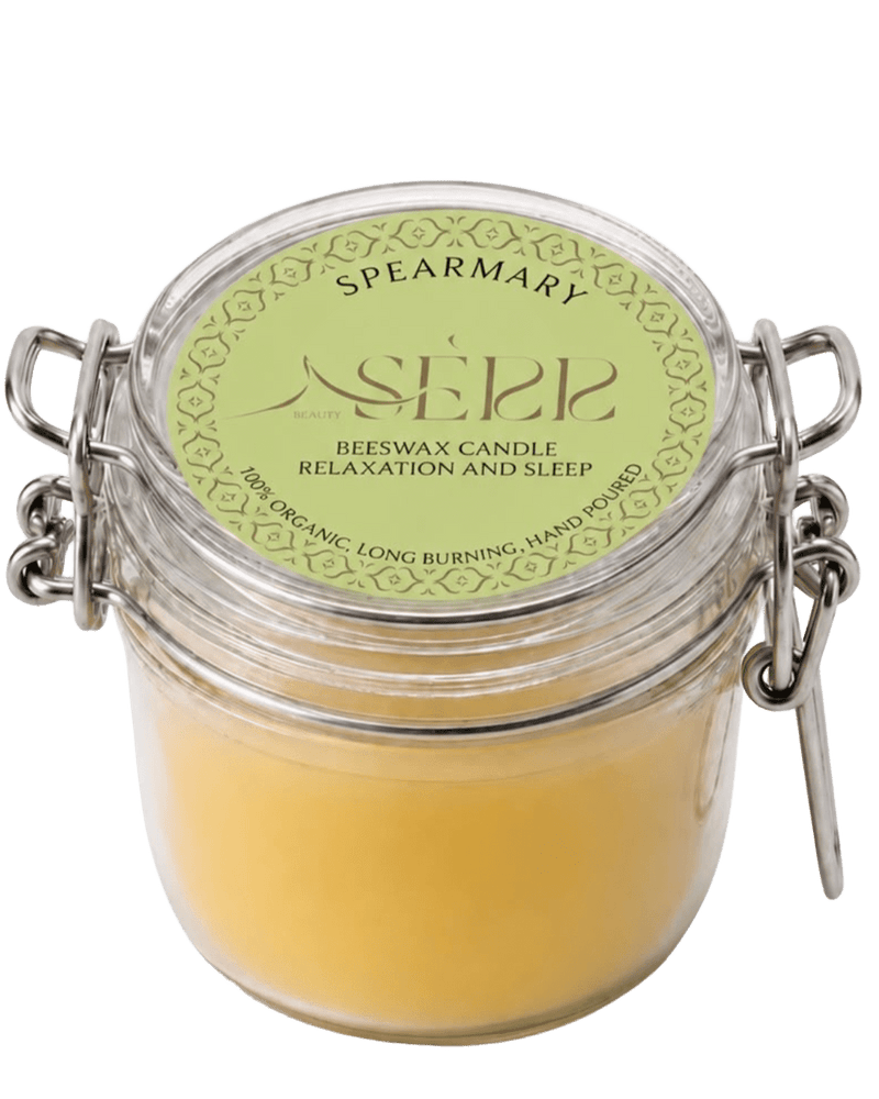 Spearmary beeswax candle 125g in labeled glass jar by SerrBeauty