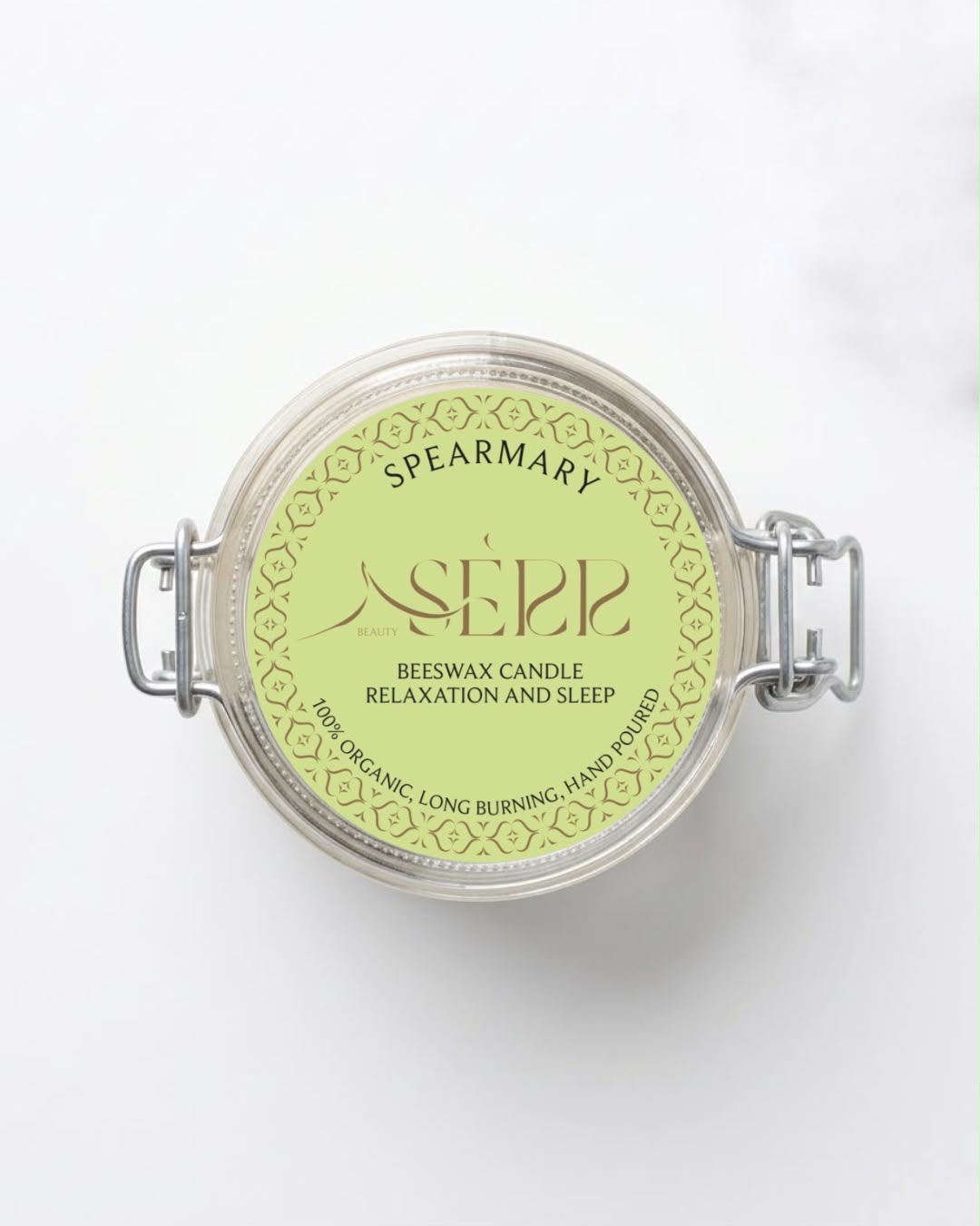 Spearmary beeswax candle 125g top label view by SerrBeauty