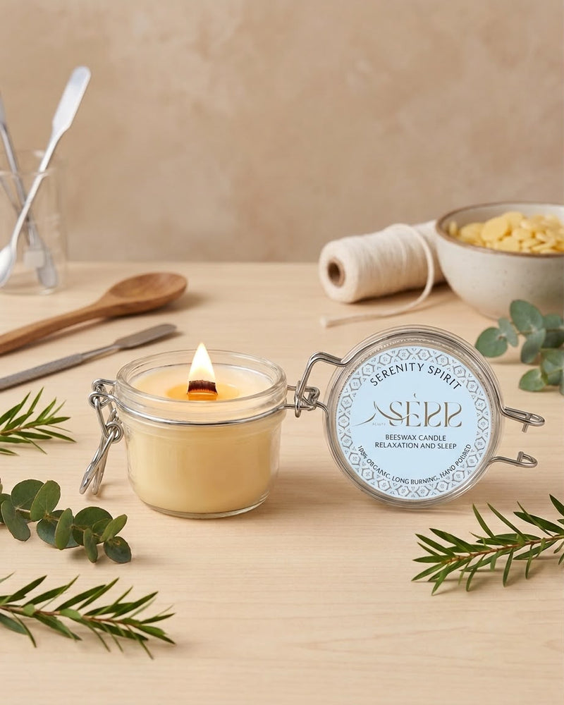 Serenity Spirit beeswax candle 125g burning in a glass jar with natural styling