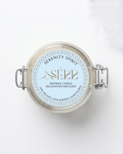 Serenity Spirit beeswax candle 125g top label view by SerrBeauty