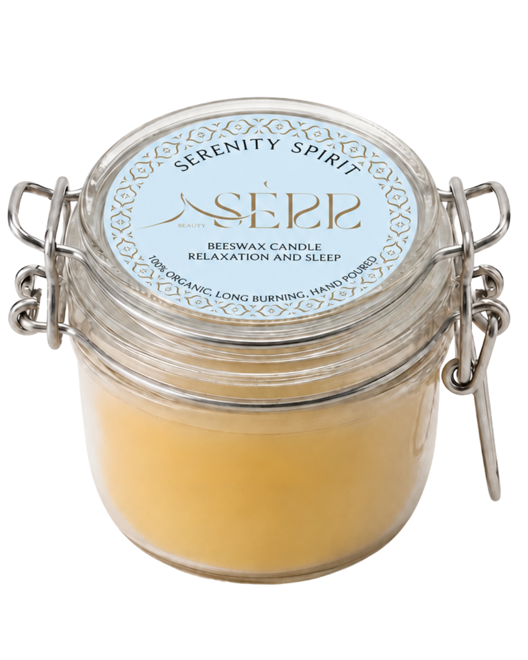 Serenity Spirit beeswax candle 125g in labeled glass jar by SerrBeauty