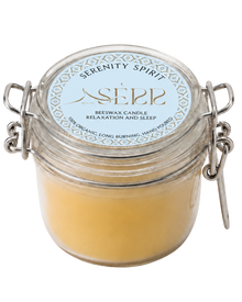 Serenity Spirit beeswax candle 125g in labeled glass jar by SerrBeauty